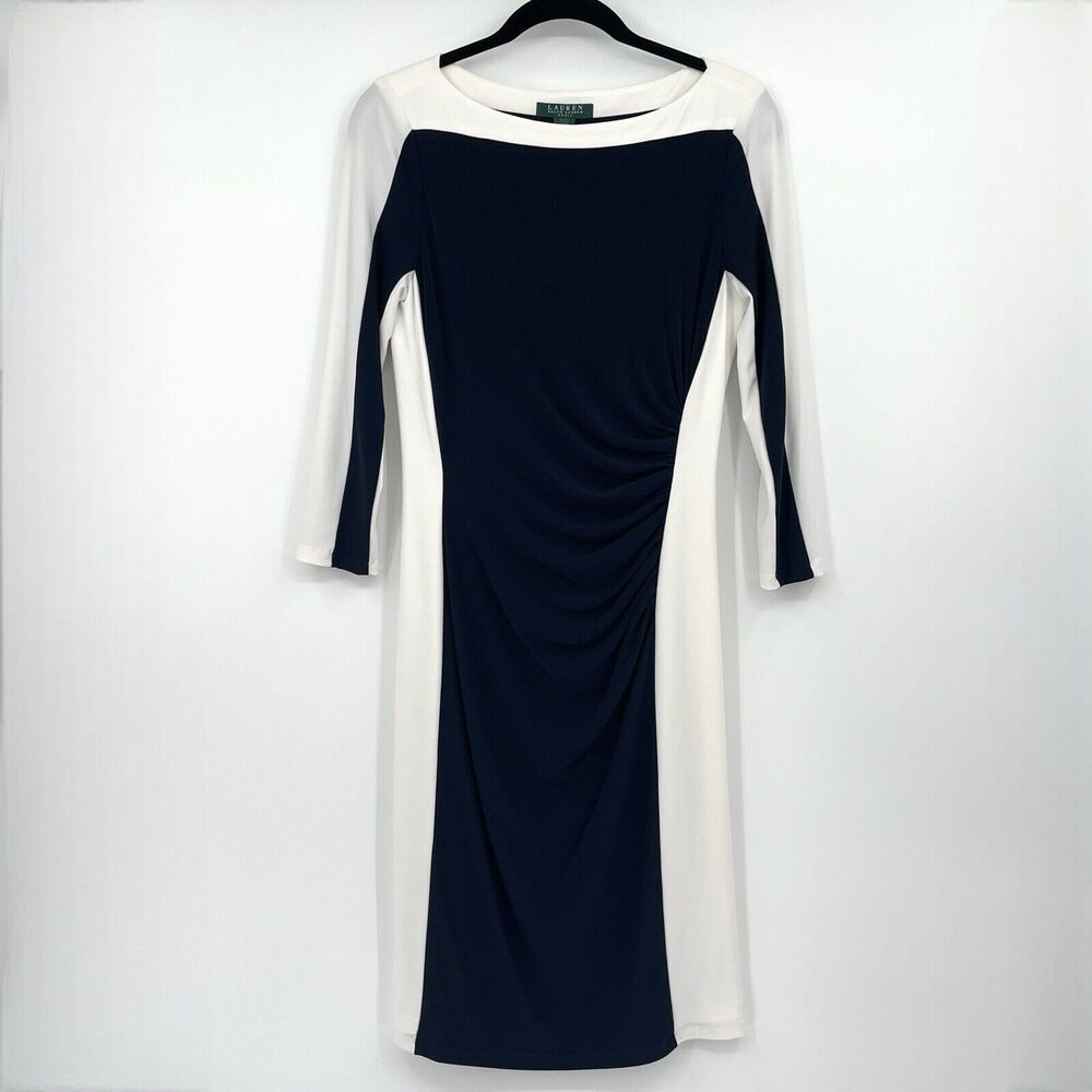 Lauren Ralph Lauren Womens Dress Sz 6 Navy Ivory Colorblock Stretch Knee Length